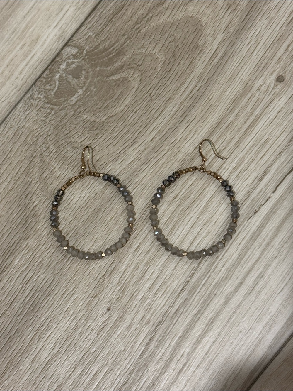 Gold Hoop Earrings with Gray Beaded Accents
